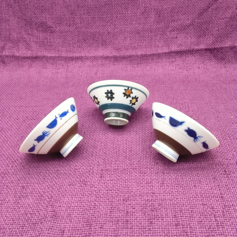 Vintage 1970s Japanese Hasami Kurawanka Rice Bowls - Signed Studio Set of 3